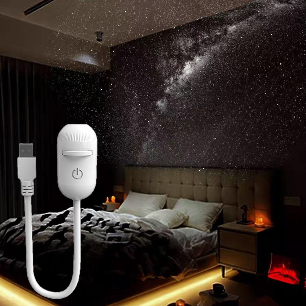 USB galaxy star projector lamp with cable and bedroom scene