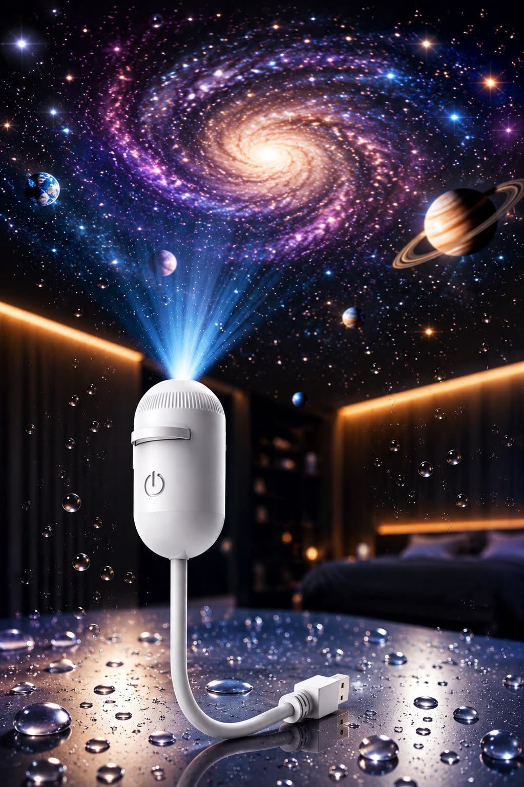 USB galaxy star projector casting a colorful galaxy effect