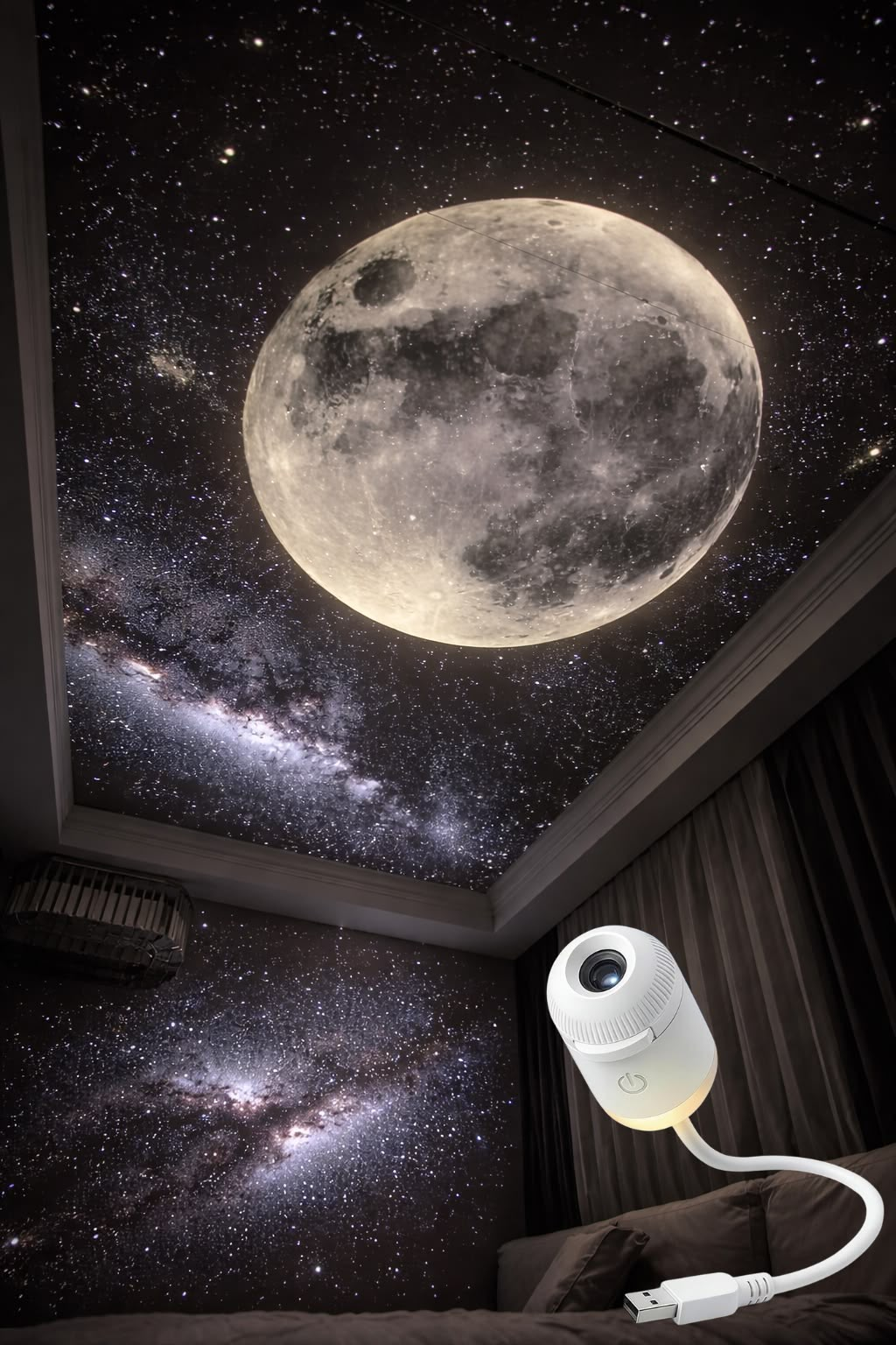 USB galaxy star projector projecting a moon and starry sky