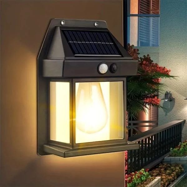 Solar powered outdoor wall lantern with warm light