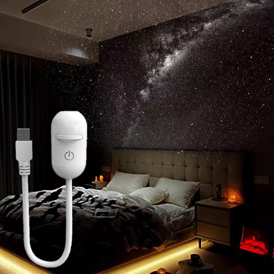 USB galaxy star projector lamp with cable and bedroom scene